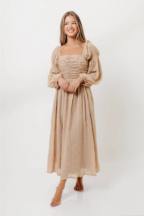 Urban Minimalism Work Comfort Maxine Ruched Chiffon Maxi Dress in Taupe