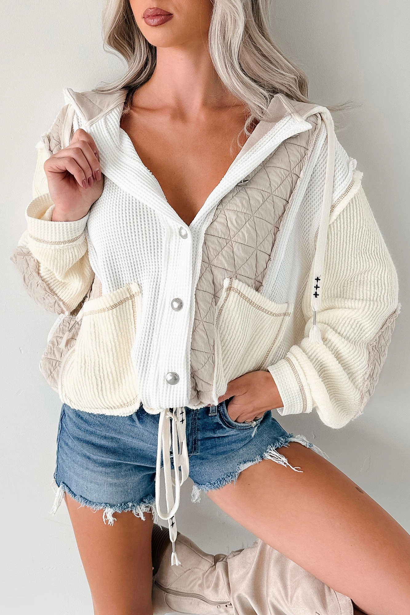 Stretchable Waistband Quick Access Pockets Meet Your Match POL Quilted Hoodie Jacket (Cream/Beige)