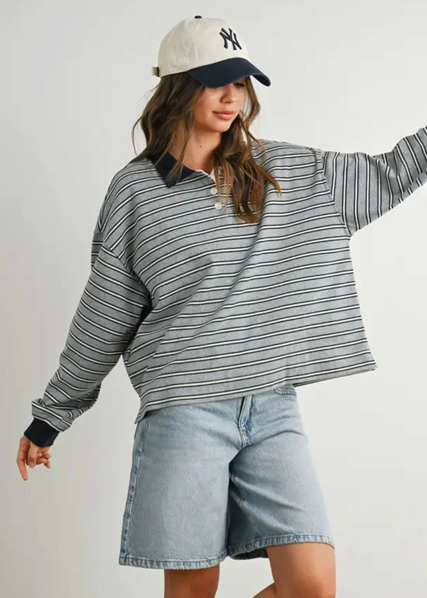 Megan Quarter Button Stripe Collared Top - Grey & Navy Relaxed Tank SoftTouchFinish