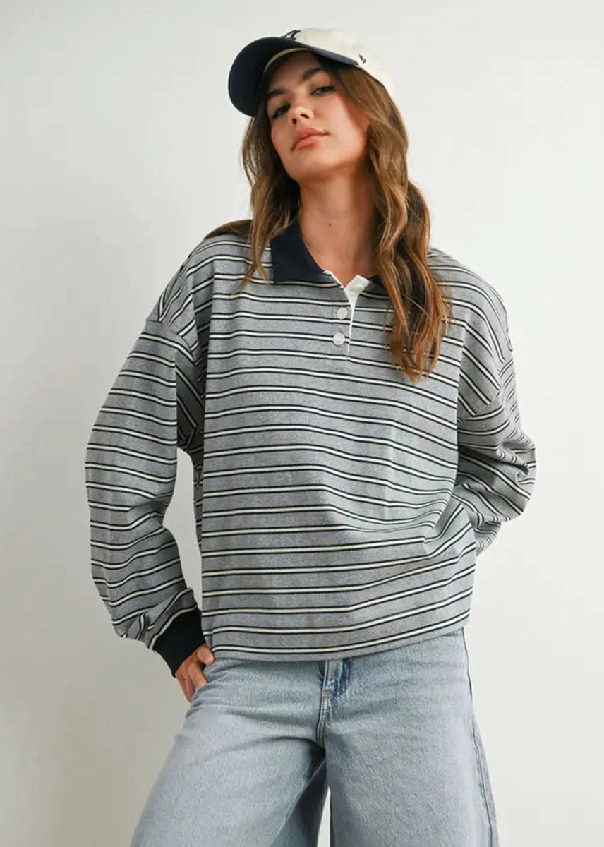 QuickDry Textile Odor Neutralizing Technology Megan Quarter Button Stripe Collared Top - Grey & Navy