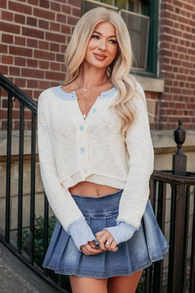 Mellow Moods Button-Up Knit Cardigan (Cream/Sky Blue) Compression Fit Design Essential Style