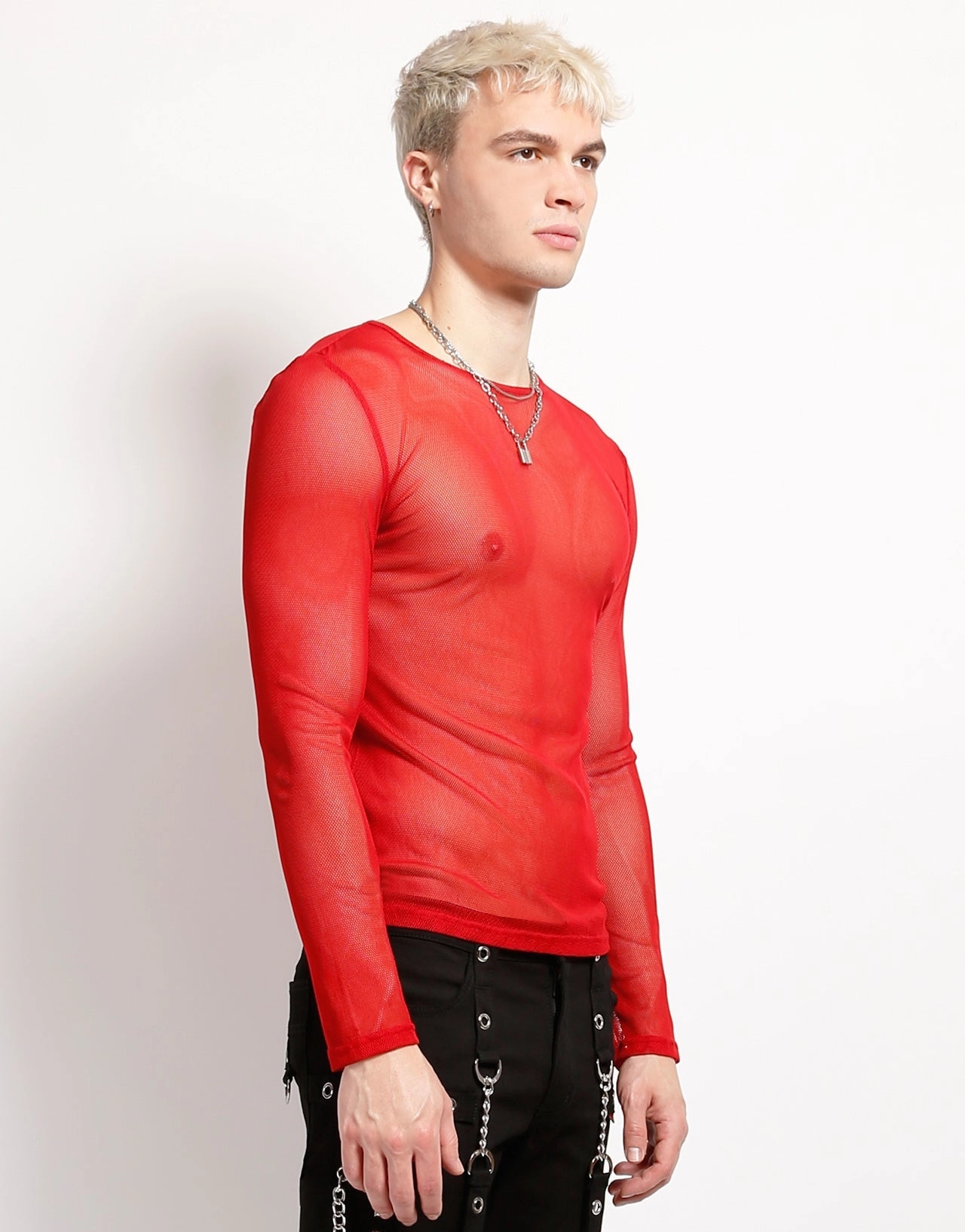 MENS LONG SLEEVE FISHNET RED OversizedSilhouette MoistureWicking Fabric