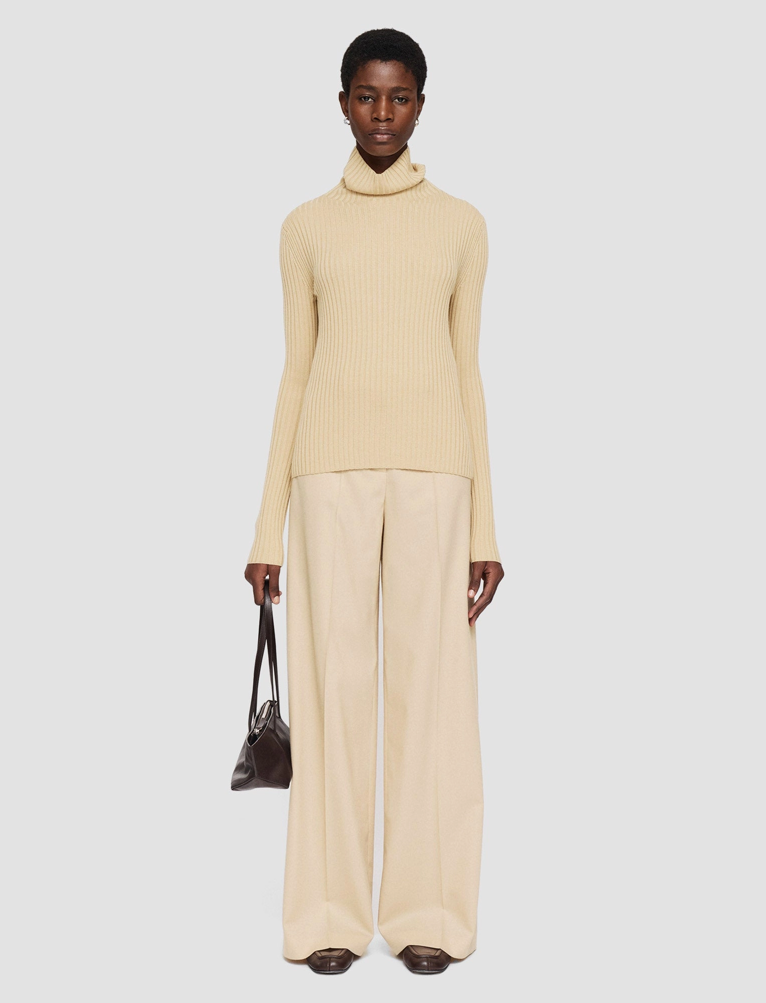 Surface Pilling Resistant Daily Outfit Merino Silk Rib High Neck Jumper