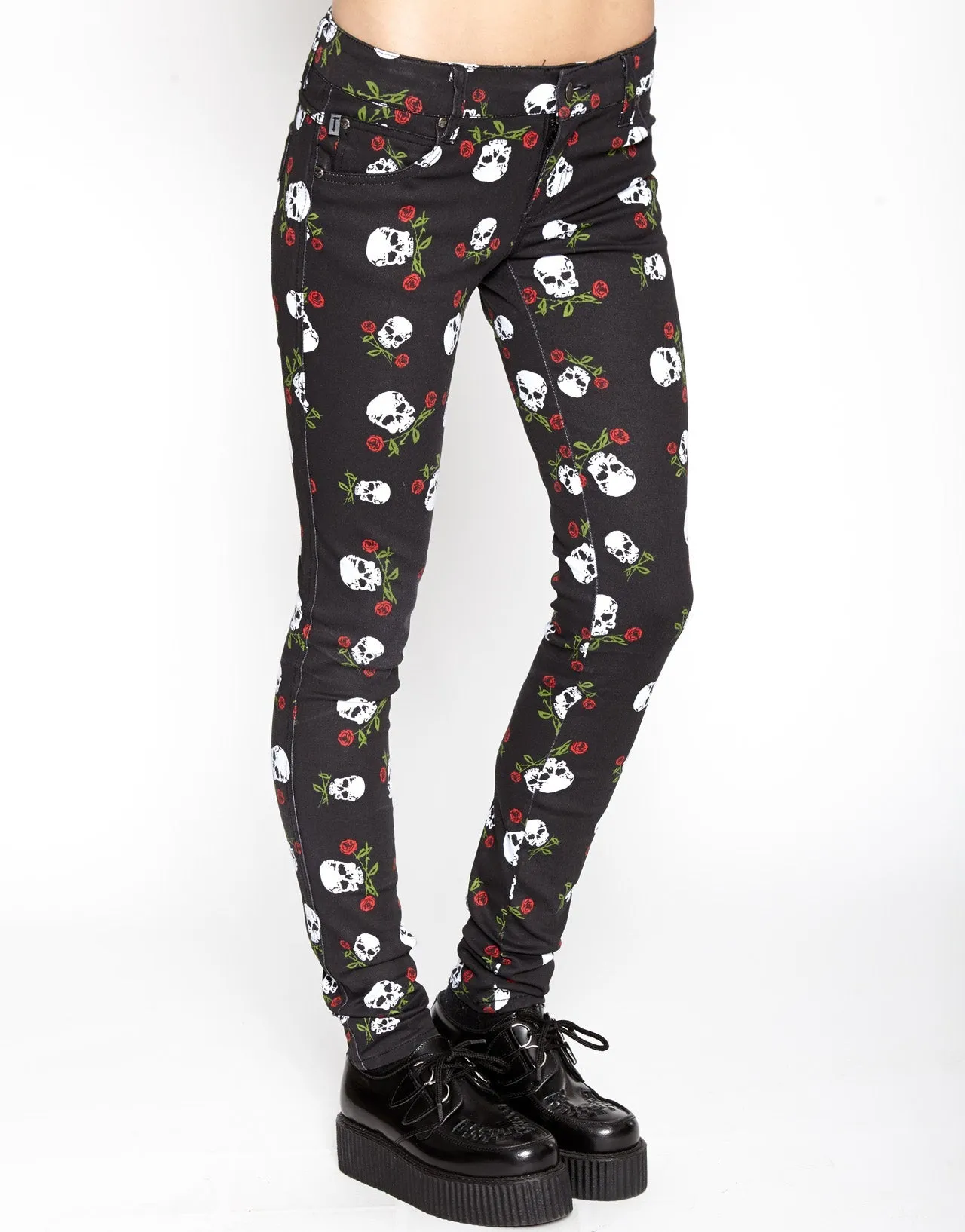 Distressed Detailing T Back Jeans Skull & Roses Print