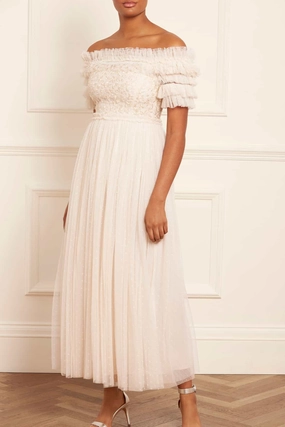 Midsummer Lace Bodice Off-Shoulder Ankle Gown Smart and Polished Smart Fashion