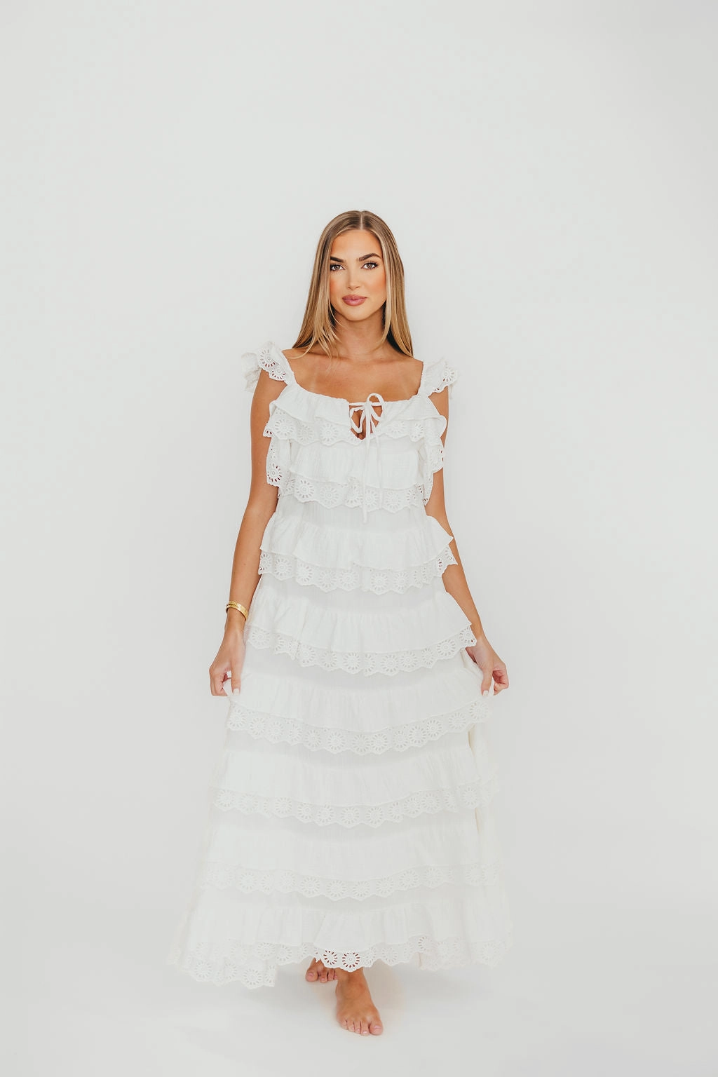 Grace Walk Dress for brunch Mikayla 100% Cotton Lace and Gauze Contrast Tiered Maxi Dress in Off-White *Final-Sale*