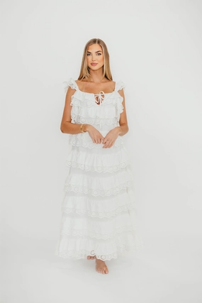 Shared Moment Mikayla 100% Cotton Lace and Gauze Contrast Tiered Maxi Dress in Off-White *Final-Sale*
