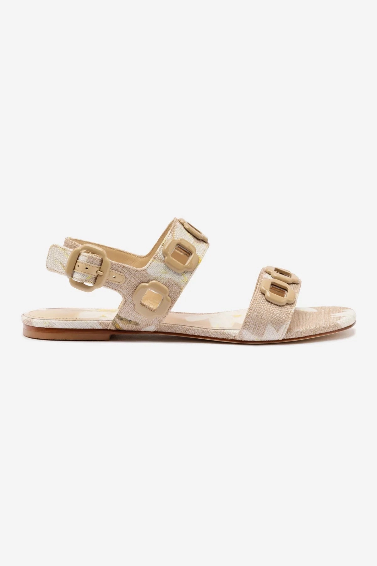 Milan Flat Sandal In Beige Printed Raffia mesh material Compression Molded Midsole
