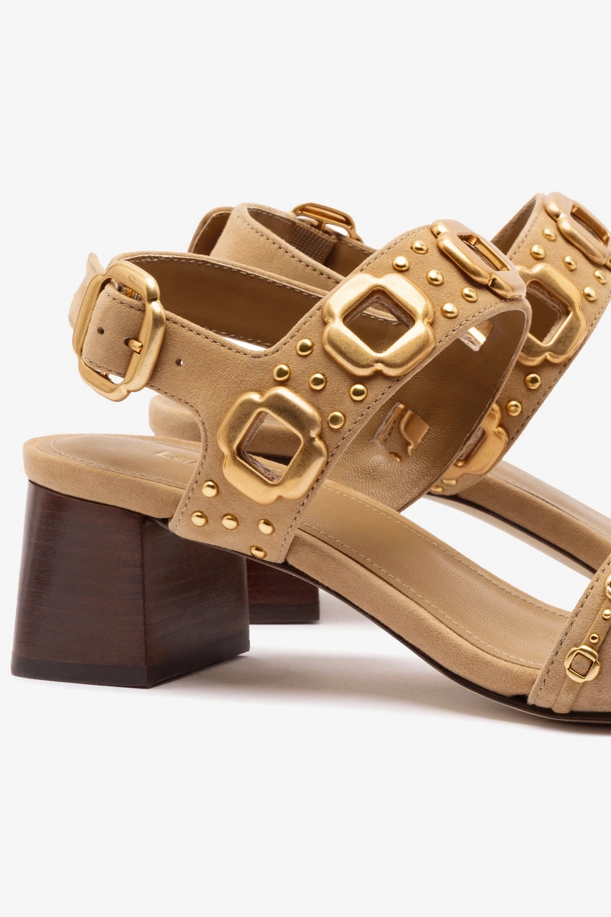 Milan Studs Block Sandal In Peanut Suede Clear Shape