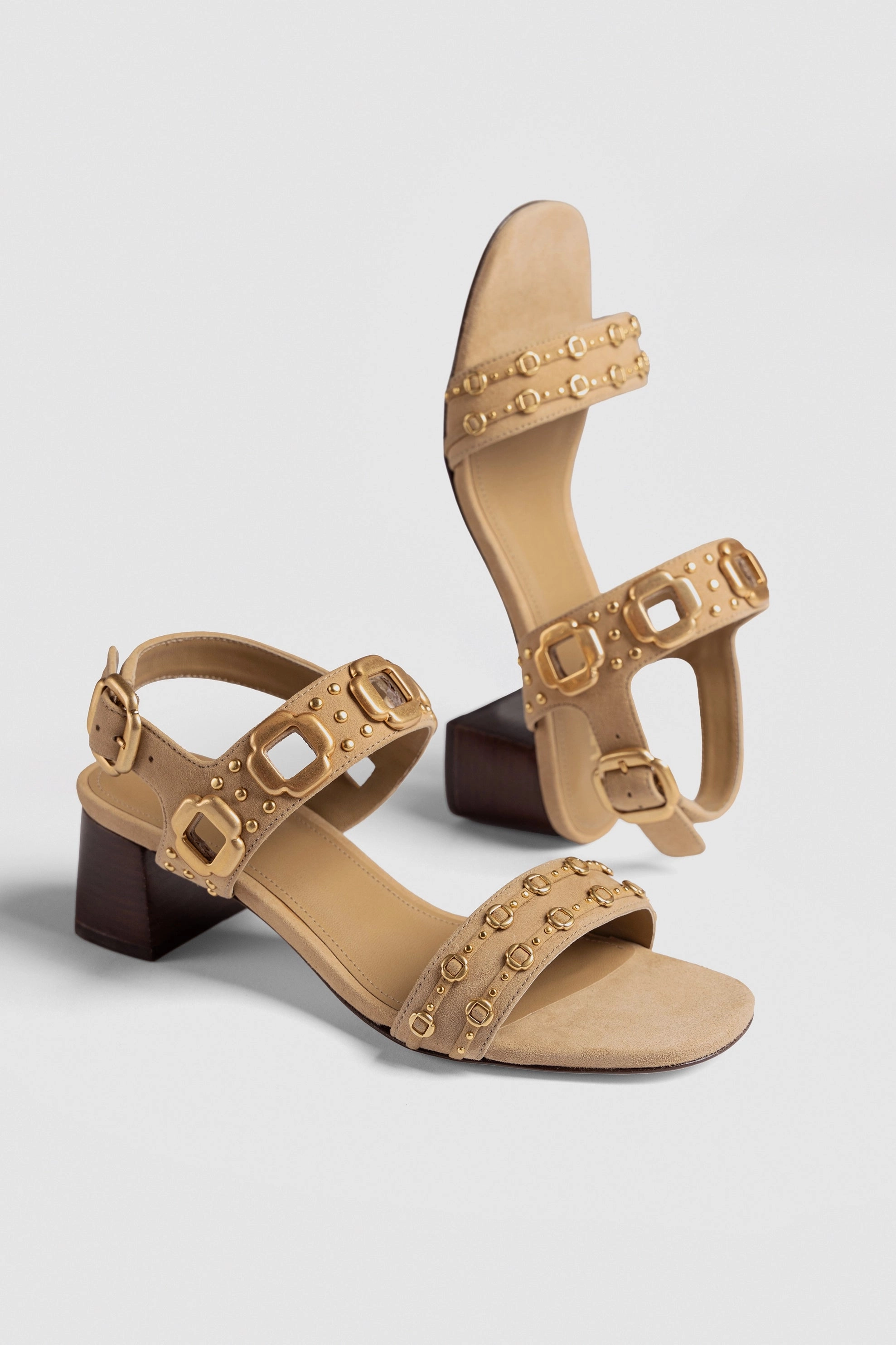 Milan Studs Block Sandal In Peanut Suede Recyclable Packaging