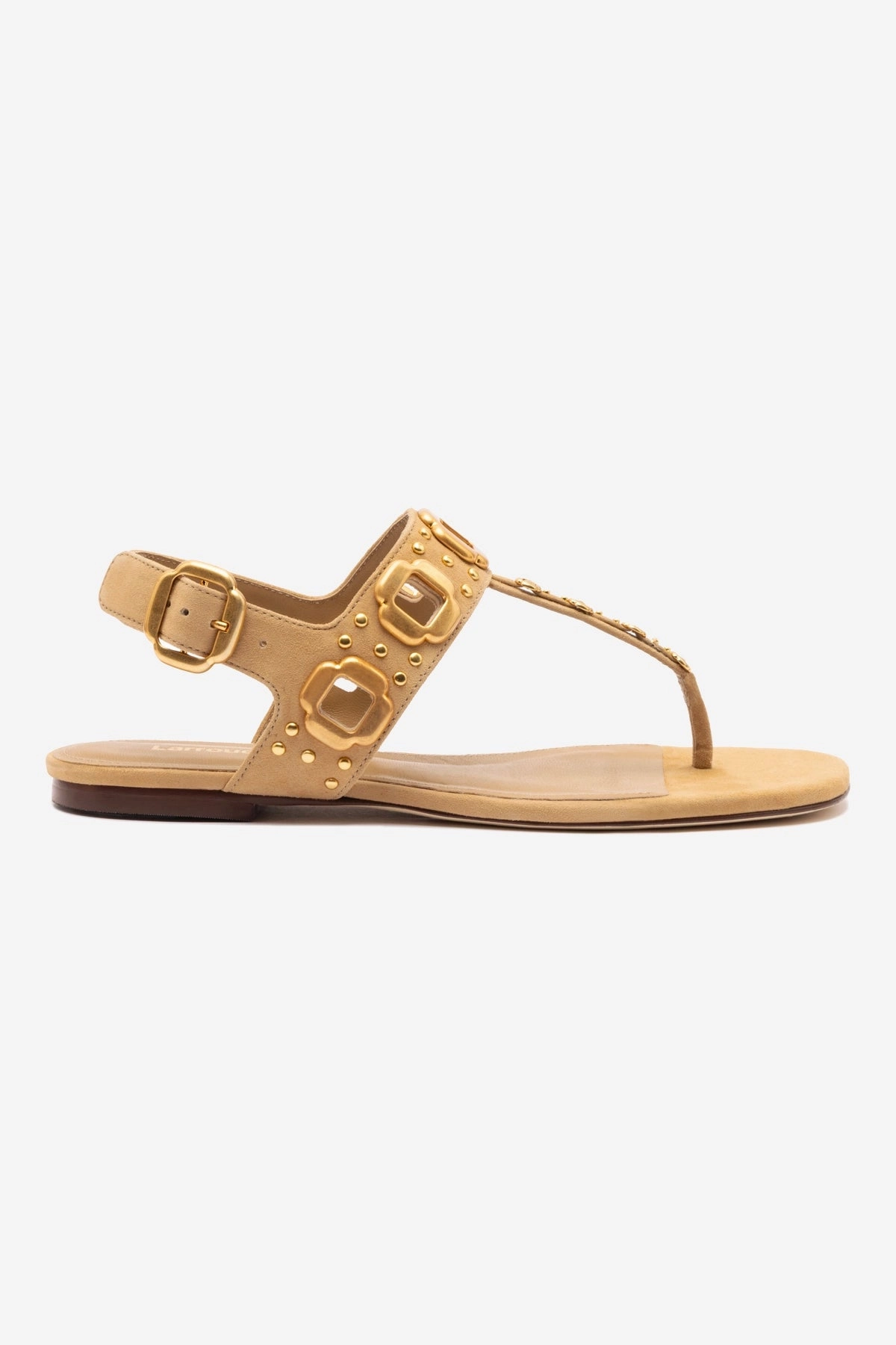 Milan Studs Thong Sandal In Peanut Suede Smooth Soles Canvas Upper