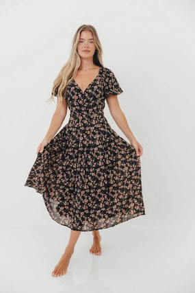 Perfect Style Wear Crystal-Detail Milania Midi Dress in Black Floral