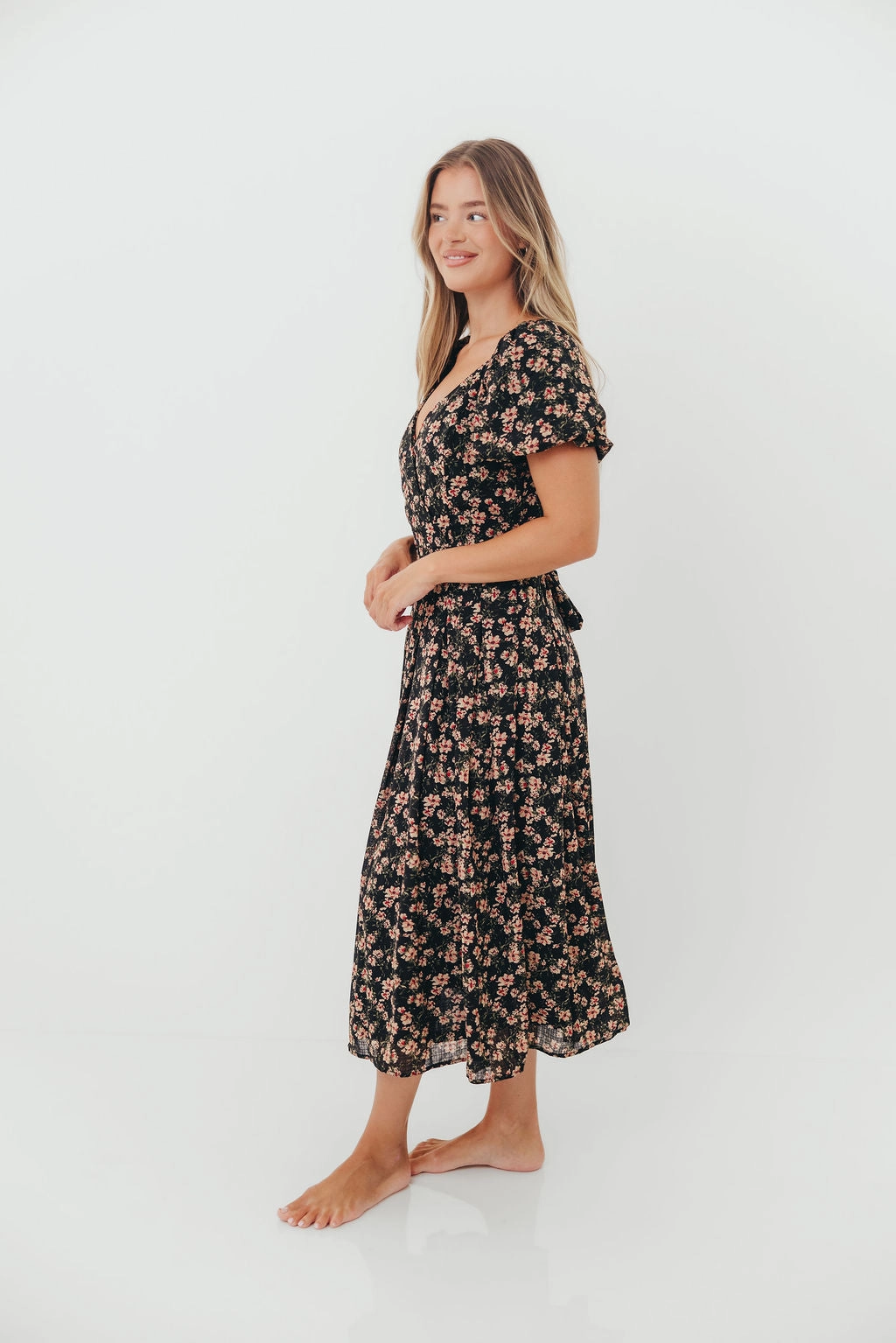 Evening Tone Modern Layers Milania Midi Dress in Black Floral