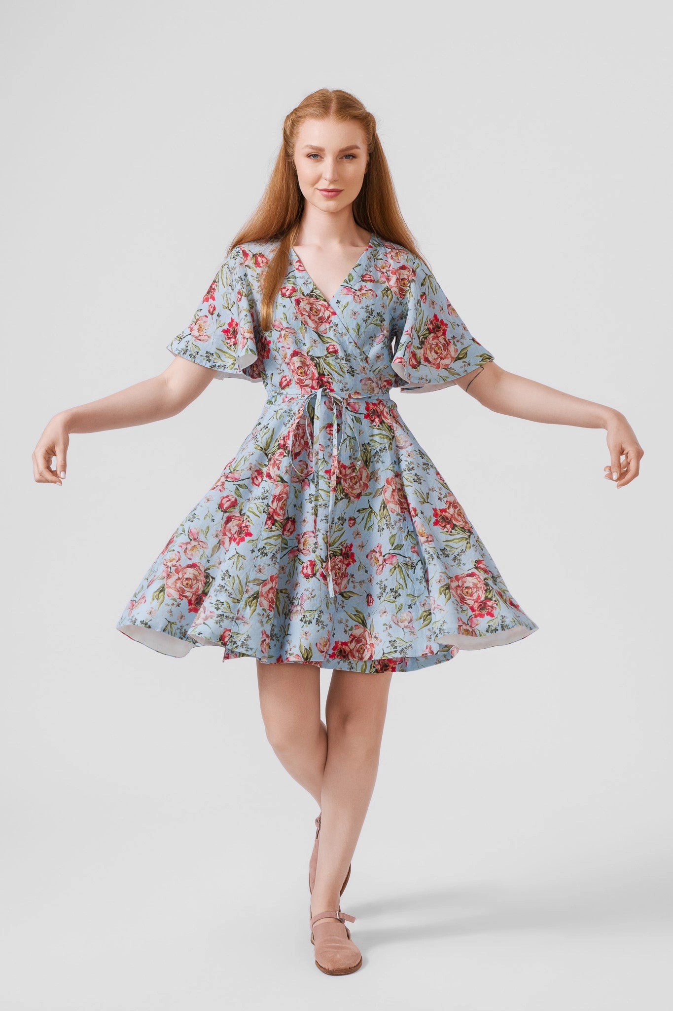 Flattering Style Fit breathable fabric dress Mini Wrap Dress, Butterfly Sleeve