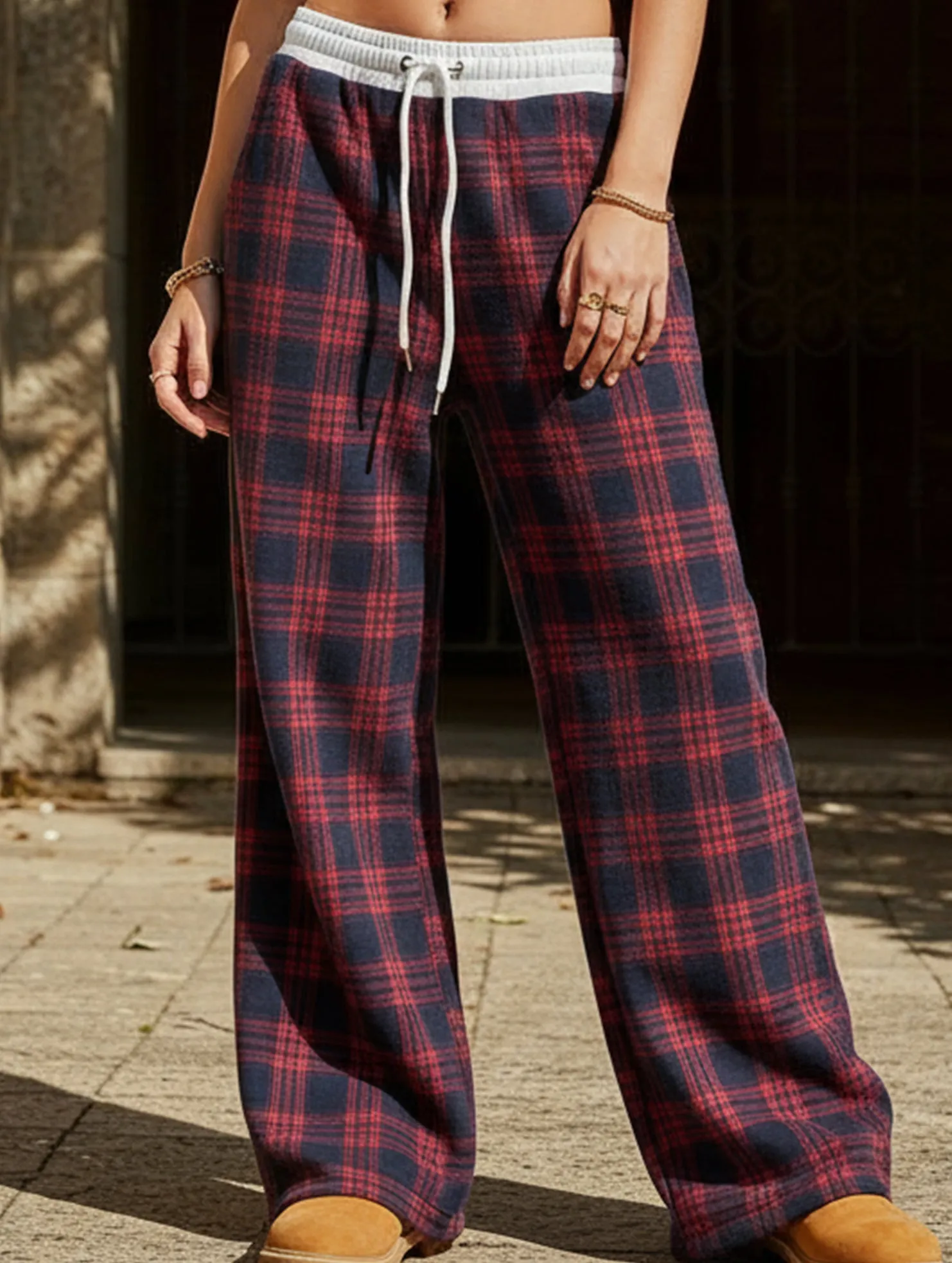 smooth zipper Easy Layer Plaid panel high waist sports straight pants