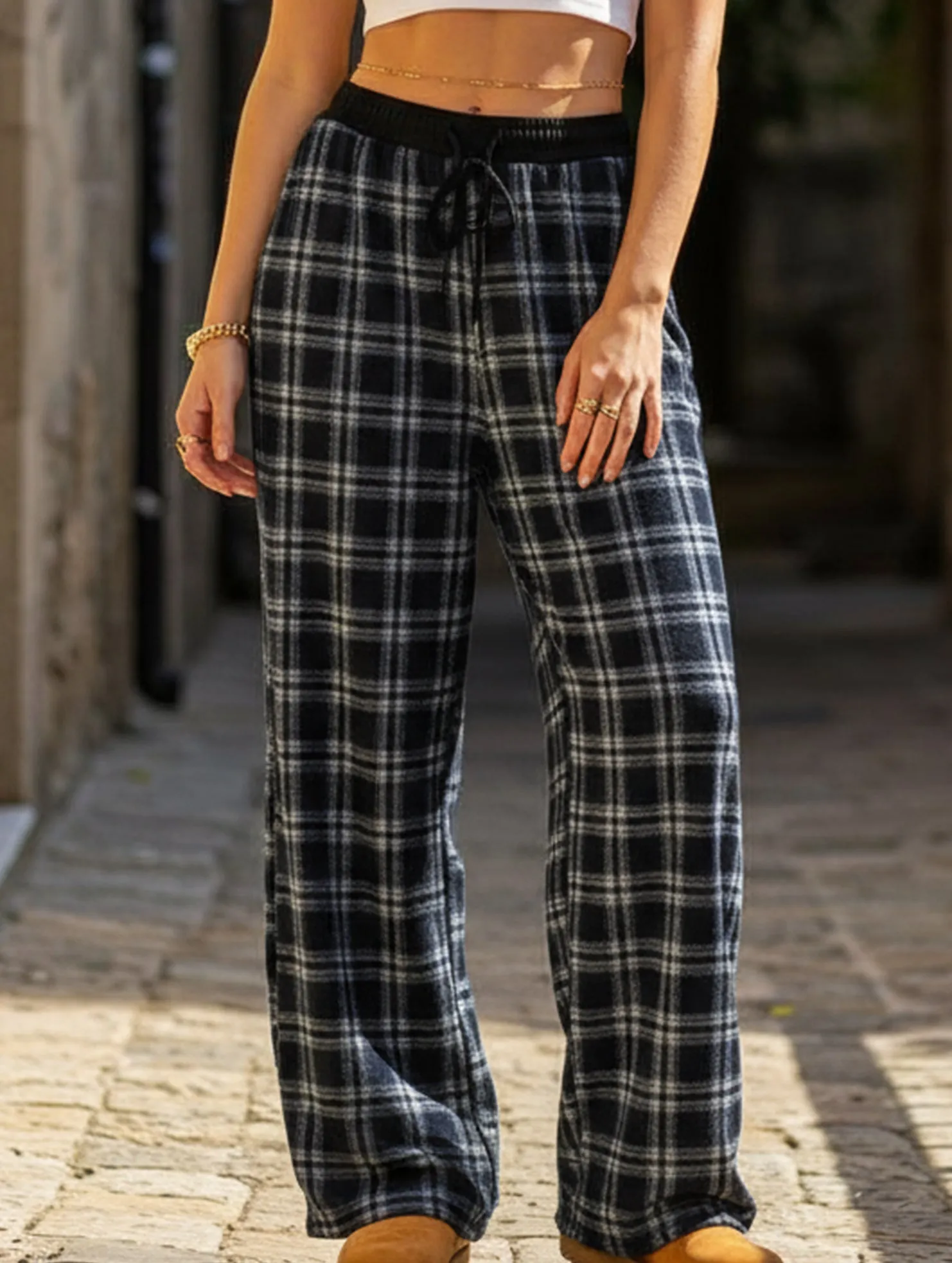 Plaid panel high waist sports straight pants Timeless Appeal Movement Support