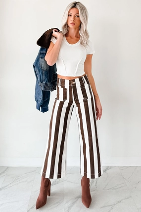 Yearlong Fit Minimal Fashion Julia Wide Leg Mica Denim Crop Jeans (Earth Brown/White) - Ships By 10/9
