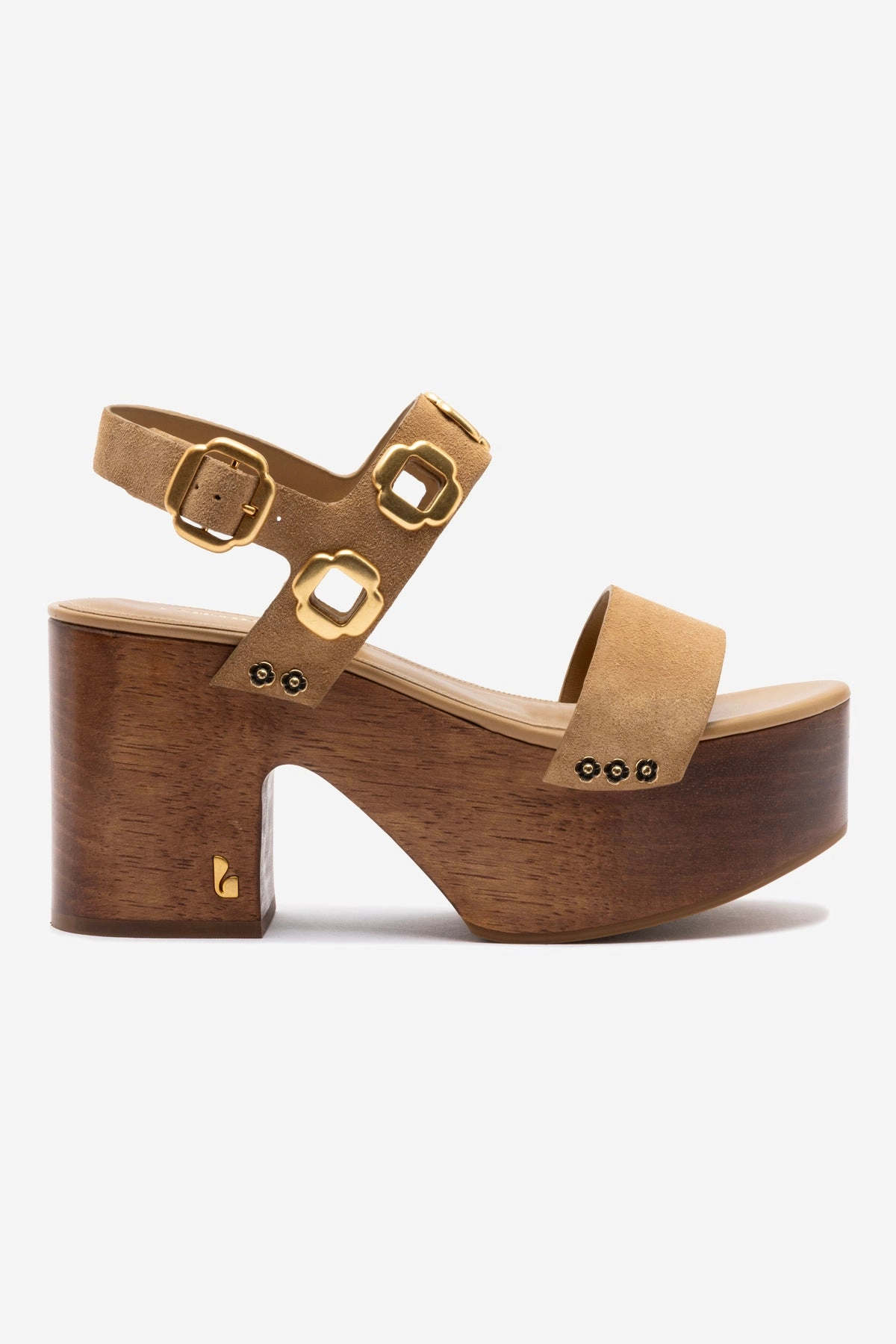 Footwear for Traveling Adjustable Hook and Loop Straps Miso Wooden Platform Sandal In Peanut Suede