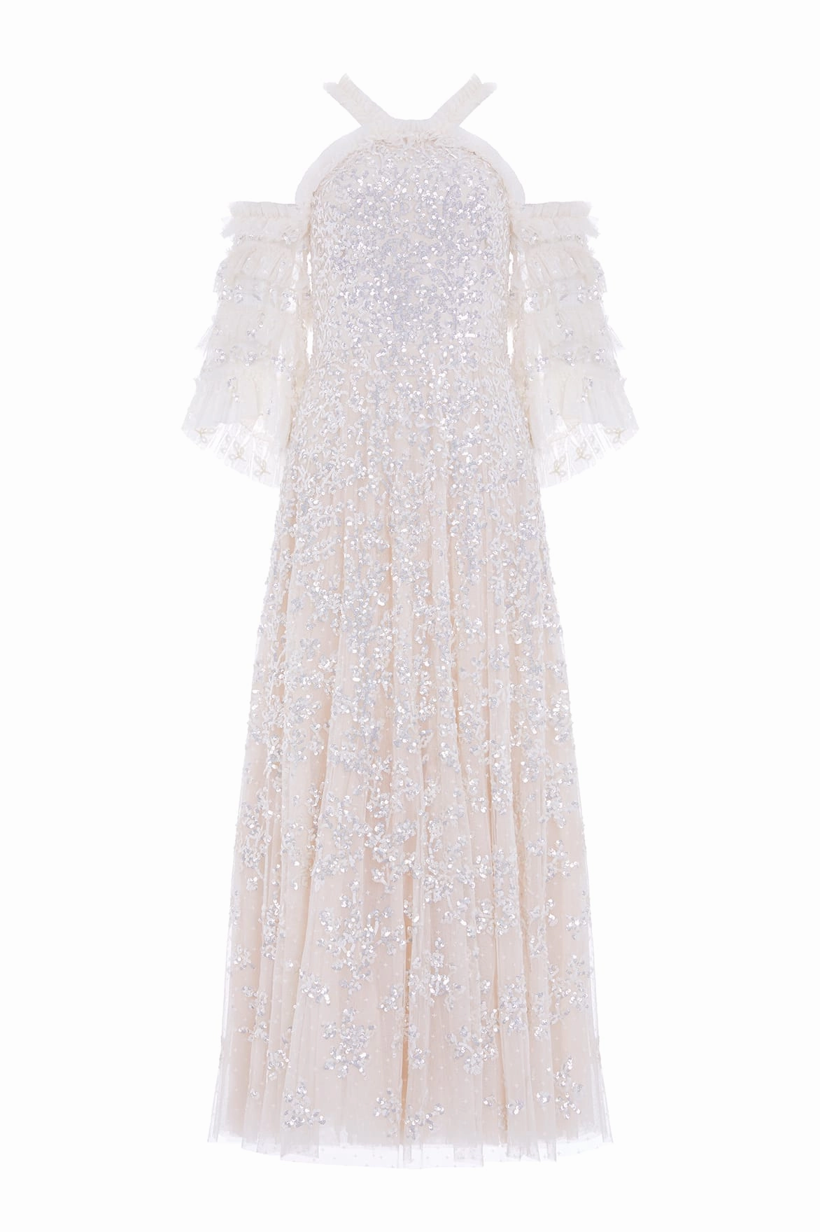 Slim Touch Fringe-Detail Floral Lace Off-Shoulder Ankle Gown