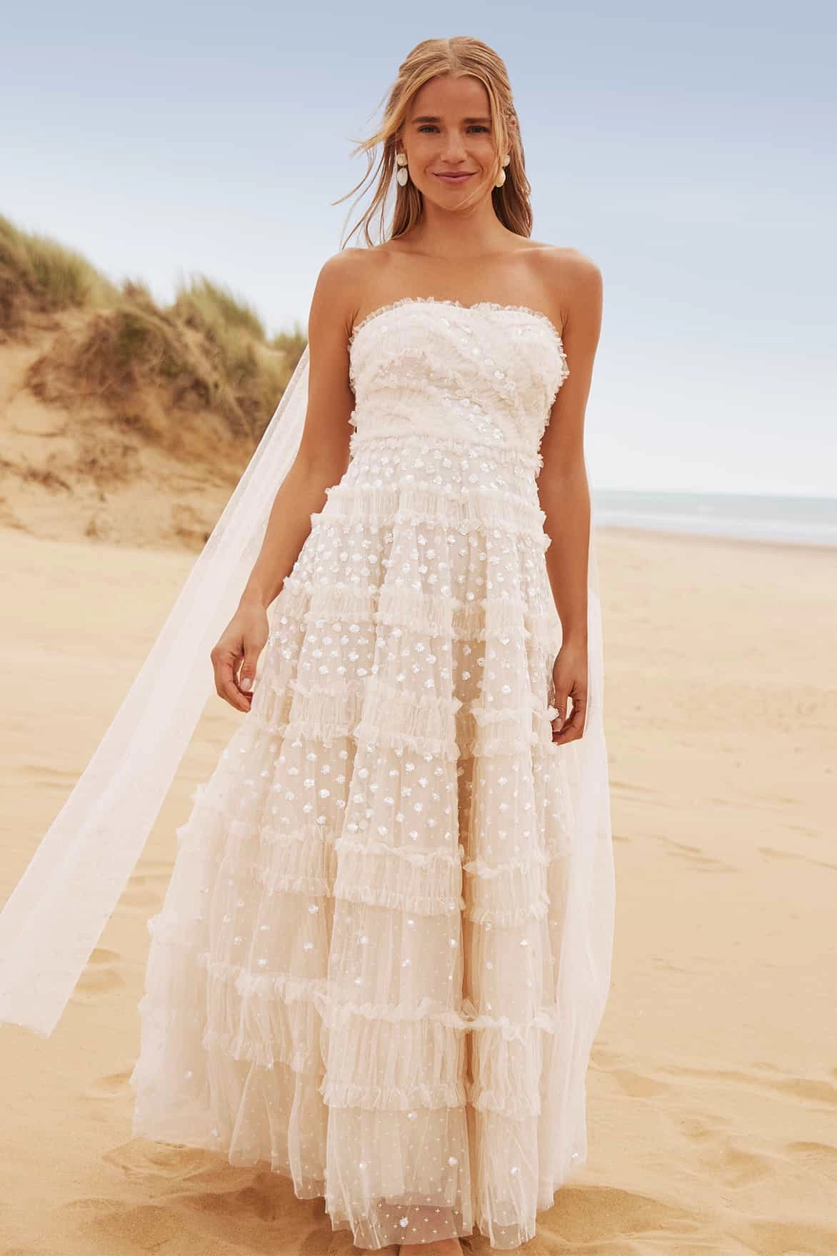 Bare Glow Dot Shimmer Tiered Strapless Ankle Gown