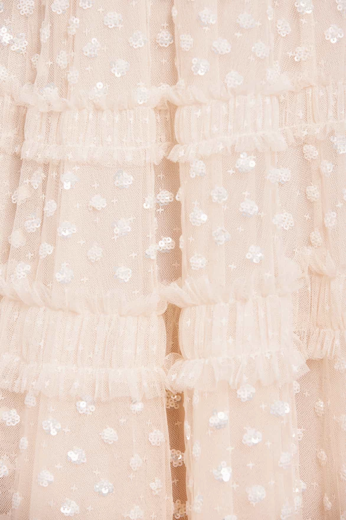 Dew Glow Dot Shimmer Tiered Strapless Ankle Gown