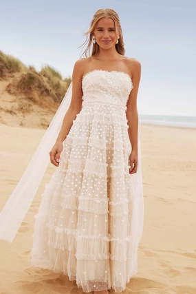 Bare Glow Dot Shimmer Tiered Strapless Ankle Gown