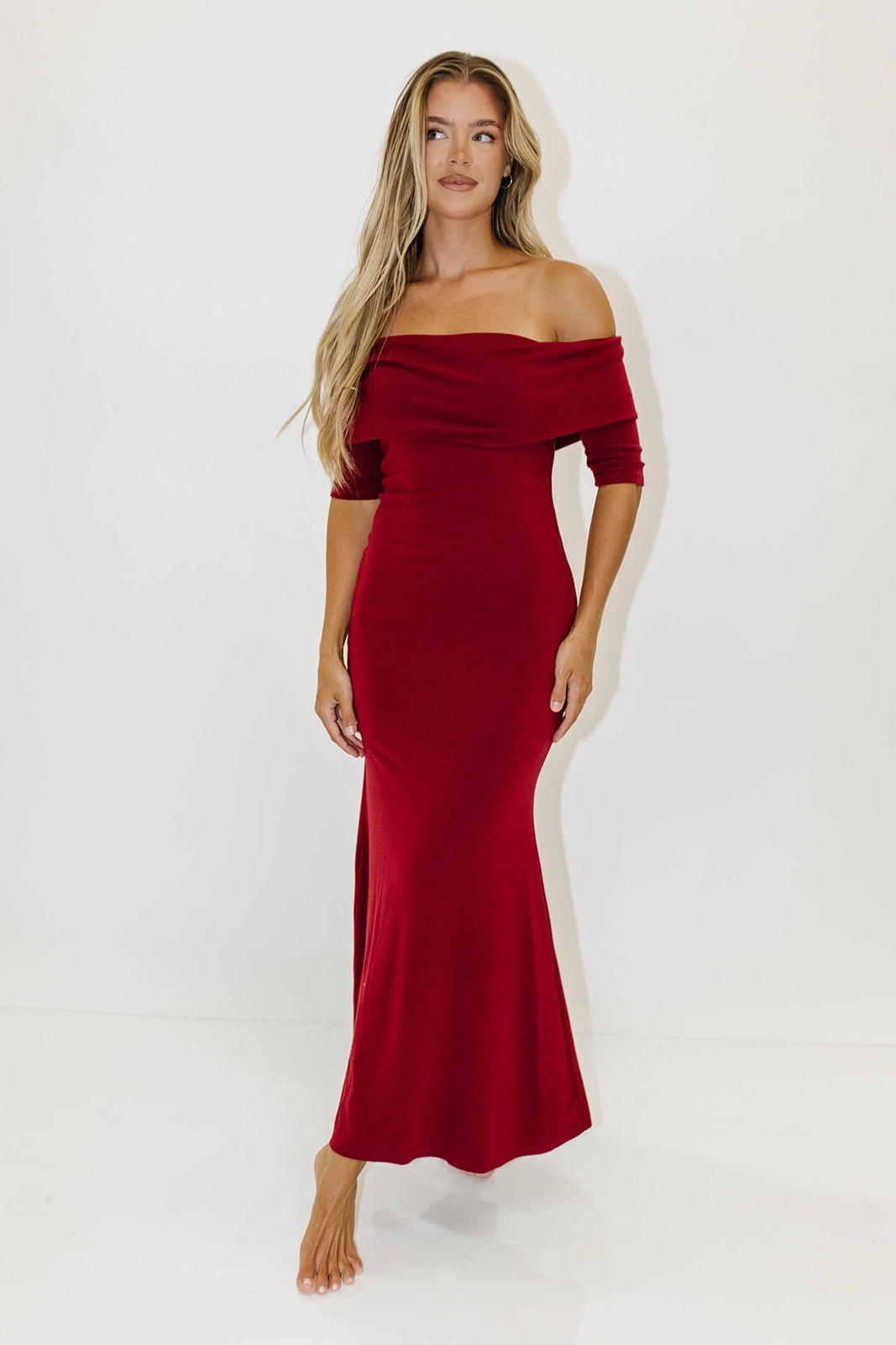 Monroe Half Sleeve Maxi Dress in Red - Bump Friendly Flattering Shape