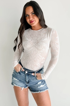 Sleek Comfort Modern Flair Long Sleeve Flocked Mesh Bodysuit (Ivory)