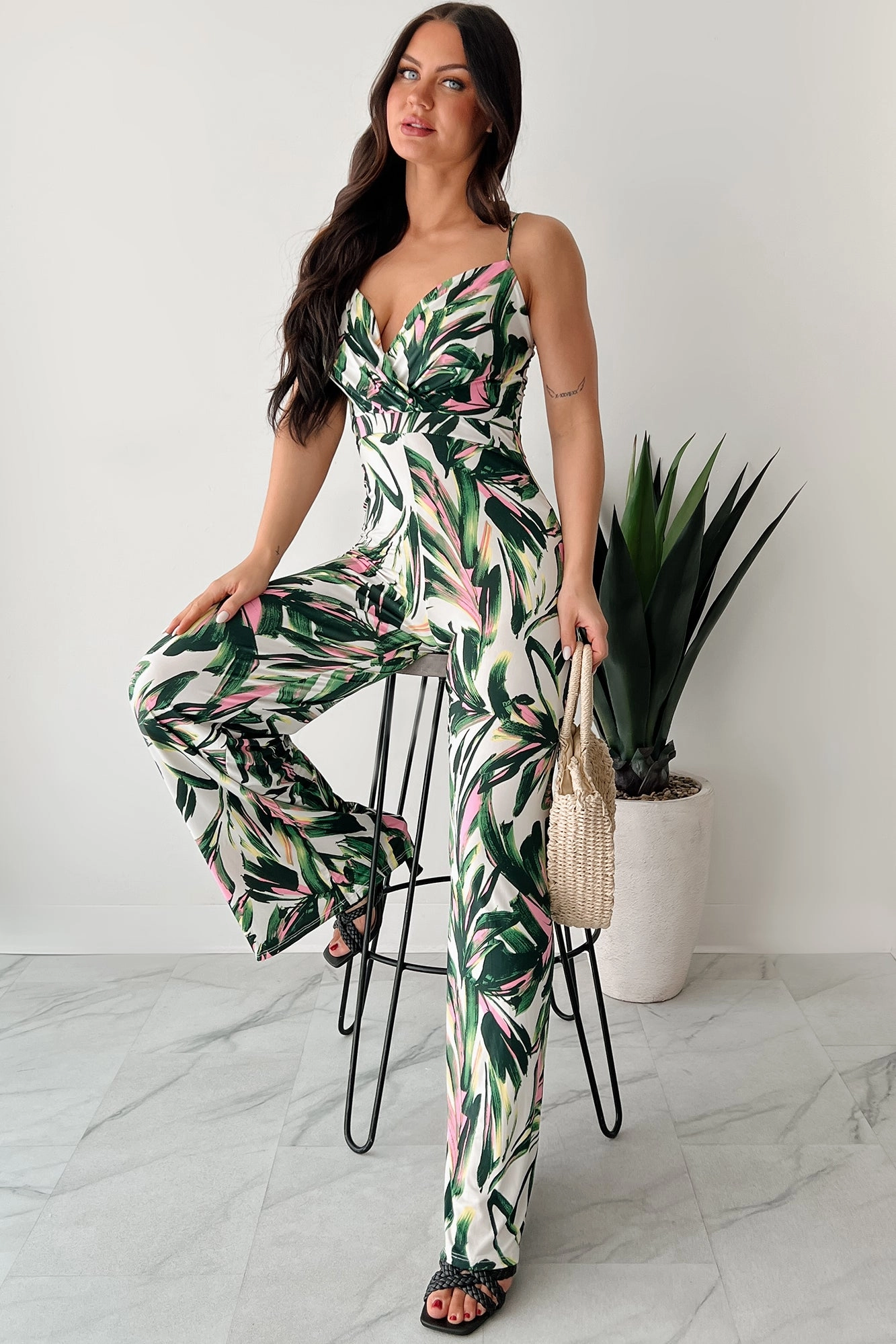 Relaxed Basic Running Cool Walking With Fire Printed Surplice Jumpsuit (Multi)