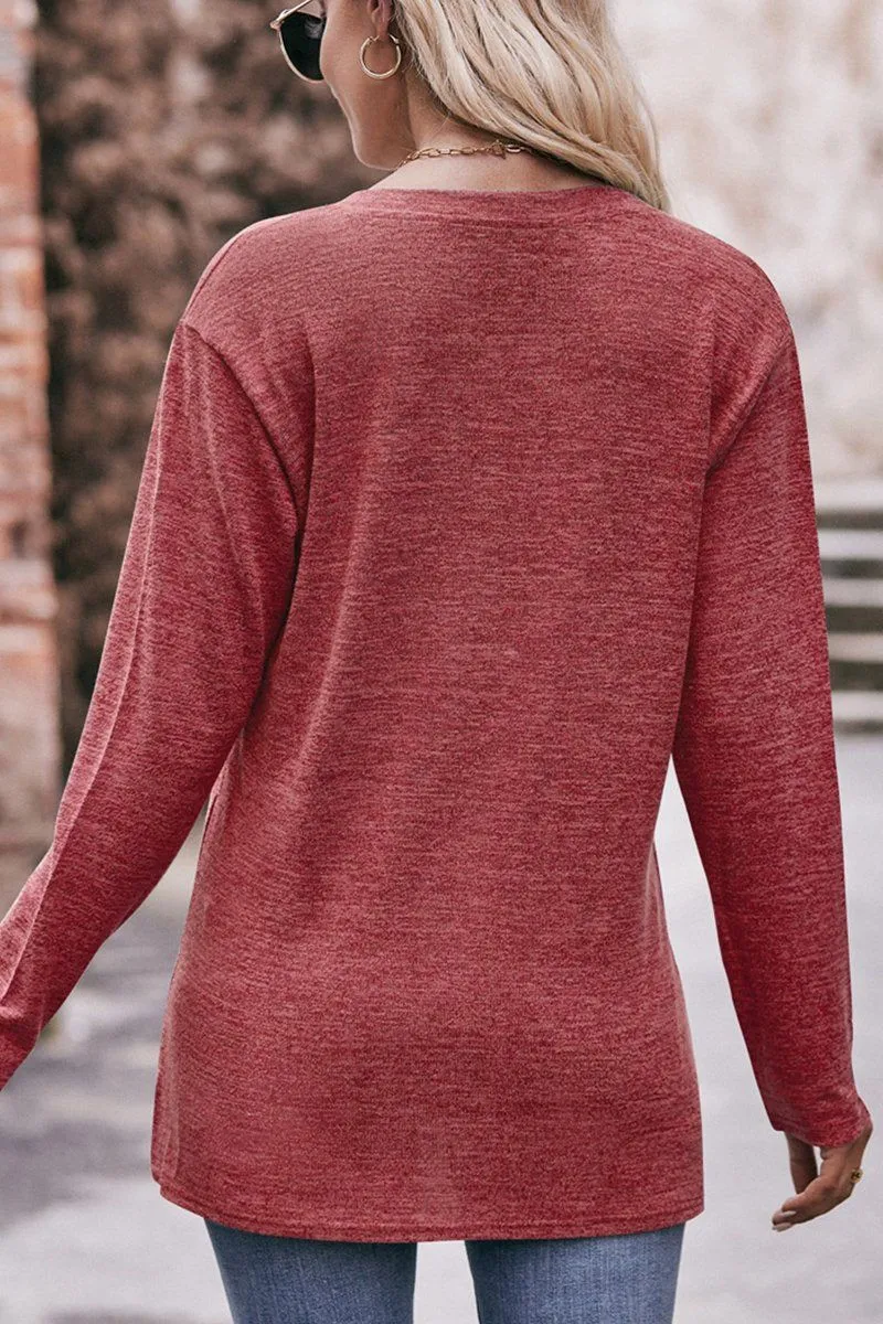 WOMEN BRUSHED BUTTONED V NECK LOOSE FIT TOP Wrinkle Free Fabric Outdoor Outfit Style