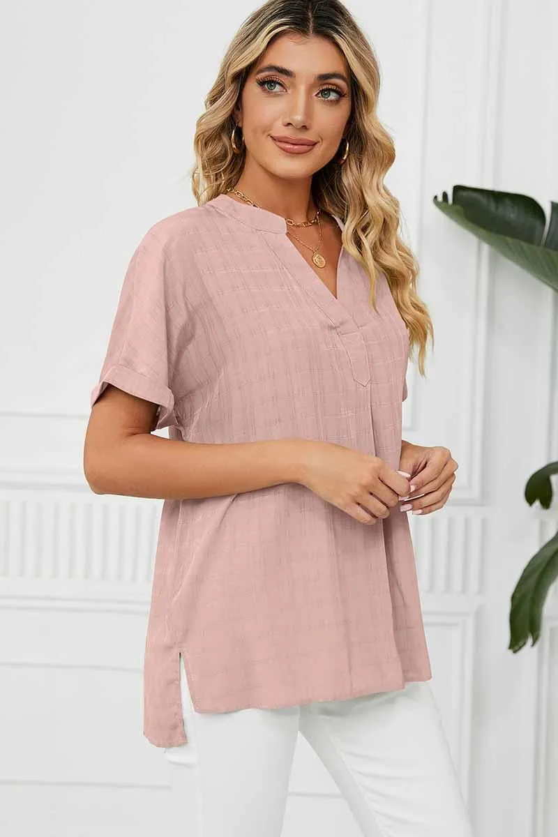 V NECK ROLL UP SHORT SLEEVES LOOSE FIT SHIRTS Comfy Fit Layer