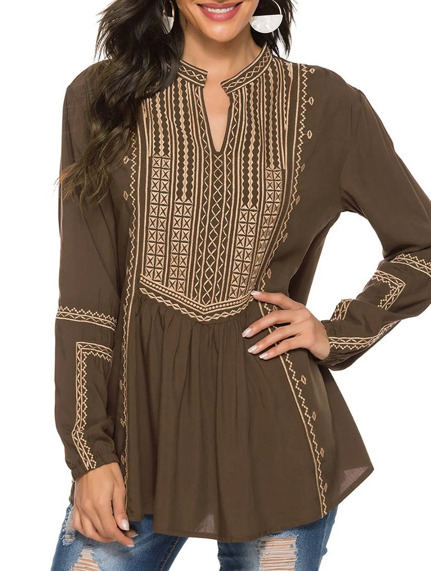 ReflectiveAccents StretchFabric COTTON LONG SLEEVE EMBROIDERED BLOUSE_CWTBLL0817