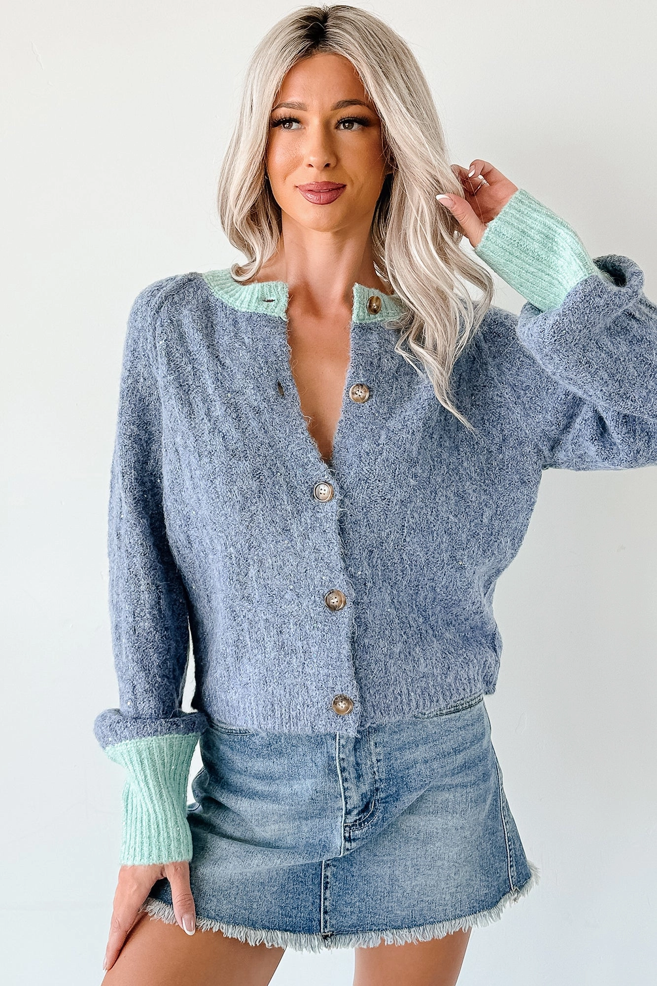Snow Day Daydream Zen Knit Contrast Glittery Cardigan (Blue)