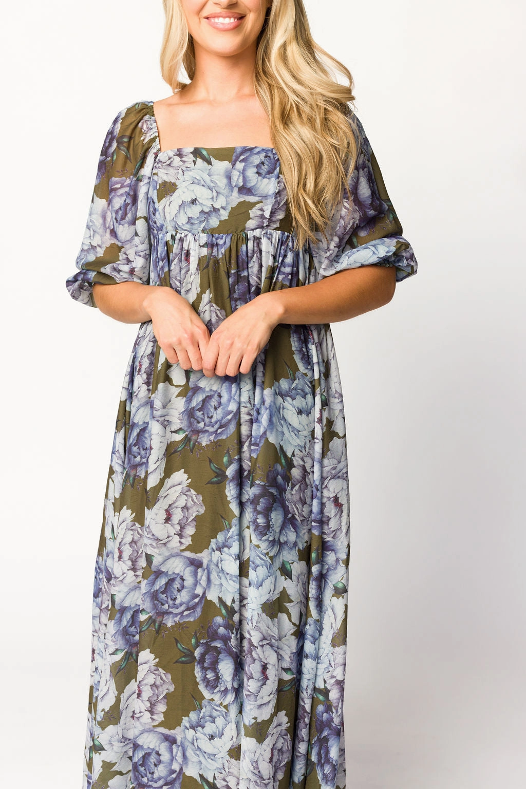 Mona Maxi Dress in Olive/Blue Floral - Bump Friendly - Restocking end of Sept Office Layer Vibe Style