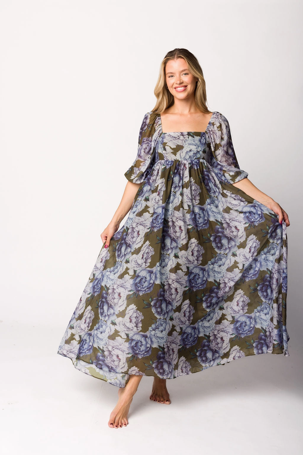 Mona Maxi Dress in Olive/Blue Floral - Bump Friendly - Restocking end of Sept Flattering Design Wear Button-Cuff