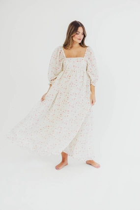 Warm Season Simple Spirit Mona Maxi Dress with Smocking in Ivory Floral - Bump Friendly & Inclusive Sizing (S-2XL)