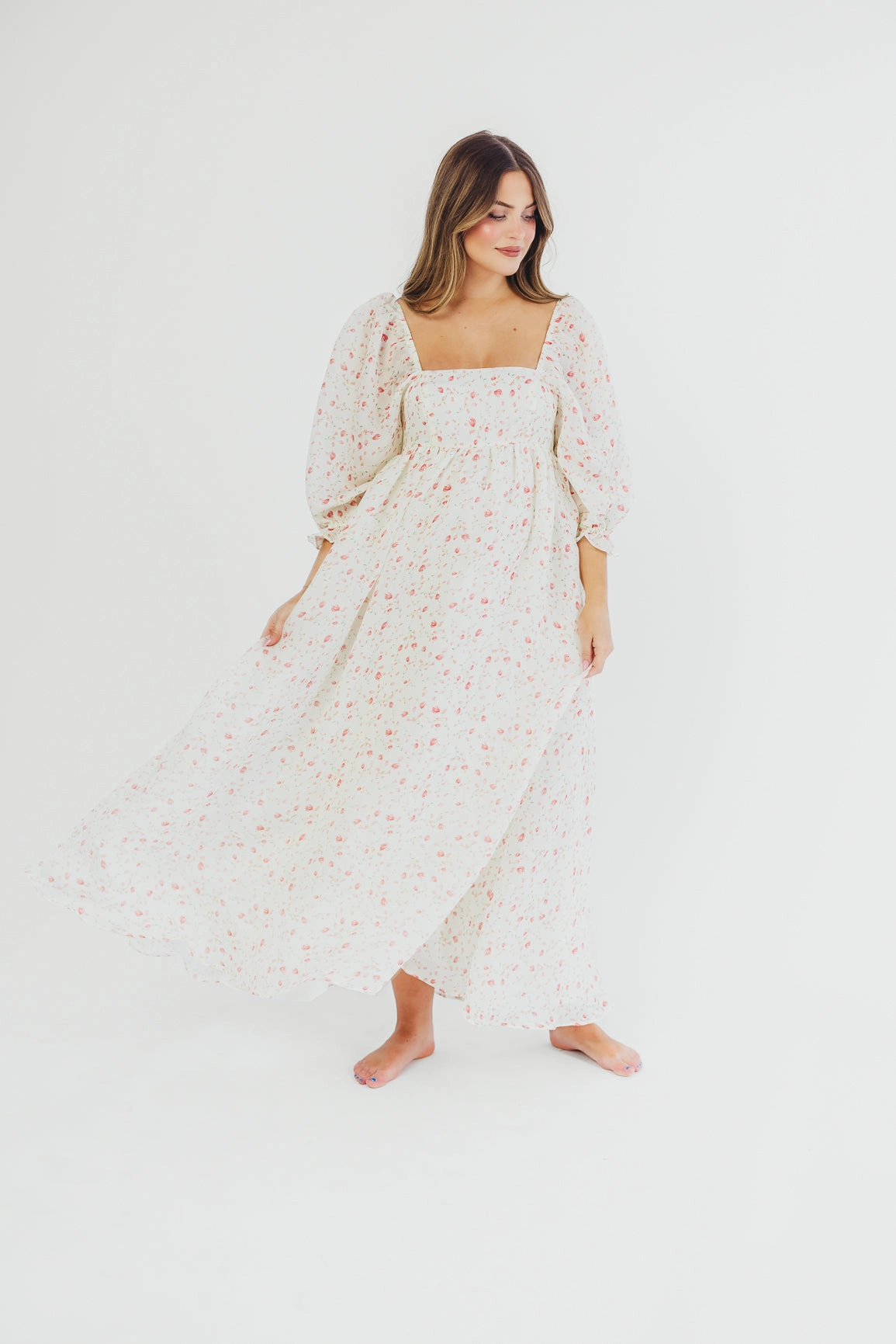 Warm Season Simple Spirit Mona Maxi Dress with Smocking in Ivory Floral - Bump Friendly & Inclusive Sizing (S-2XL)
