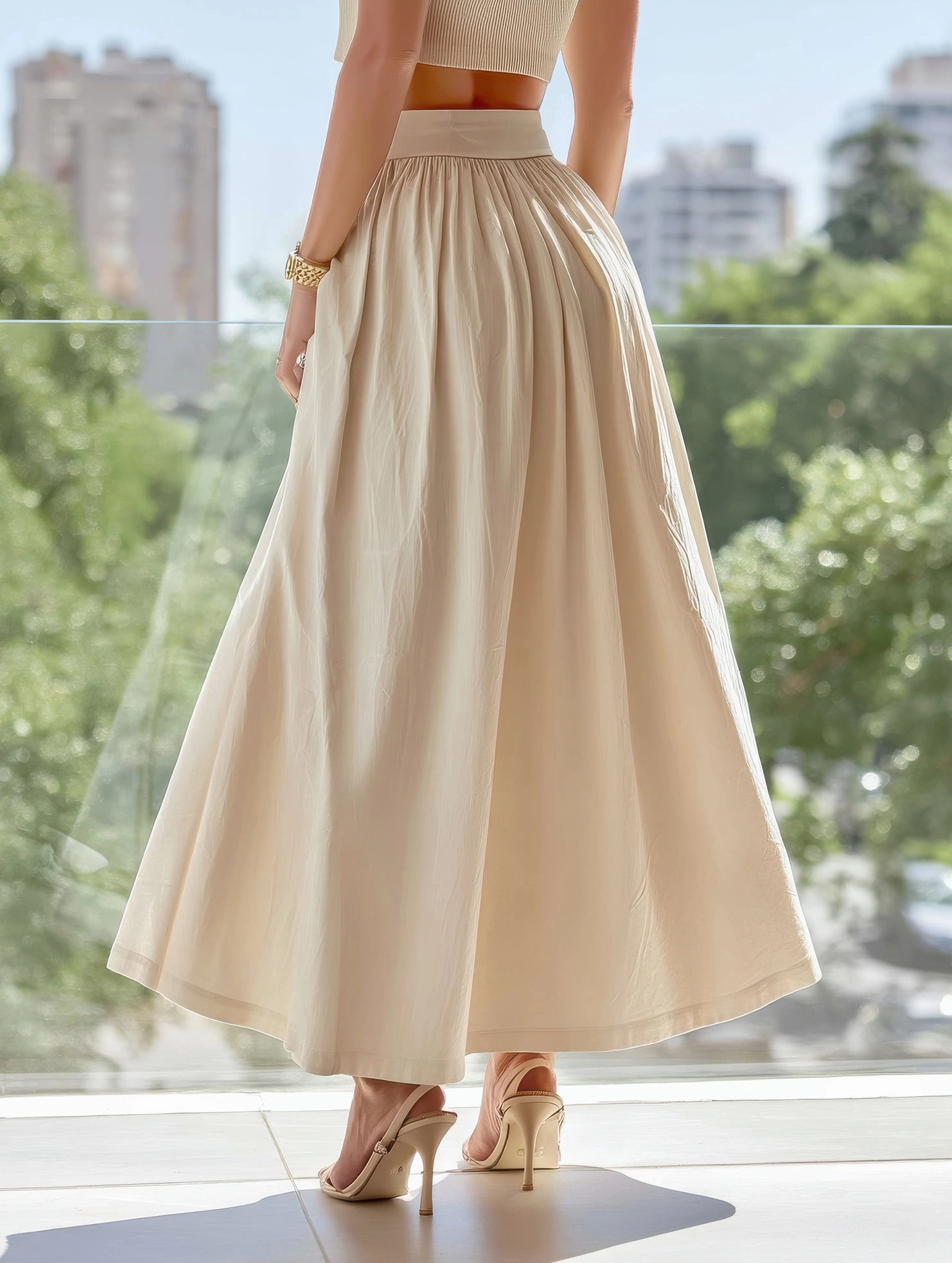 Trendy Wear Solid Color Waist Drop Slimming Hemline Skirt ??Elegant Cotton Linen Midi Skirt