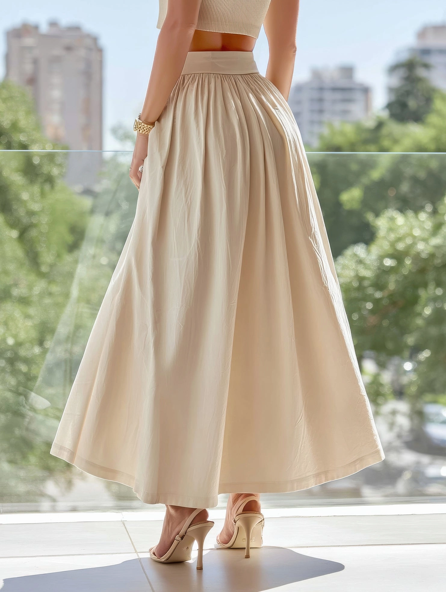 Flattering Comfort Airy Feel Solid Color Waist Drop Slimming Hemline Skirt ??Elegant Cotton Linen Midi Skirt