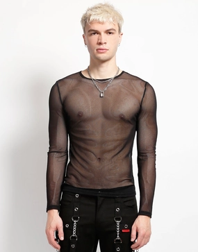 Tagless Neckline Design MENS LONG SLEEVE FISHNET BLACK