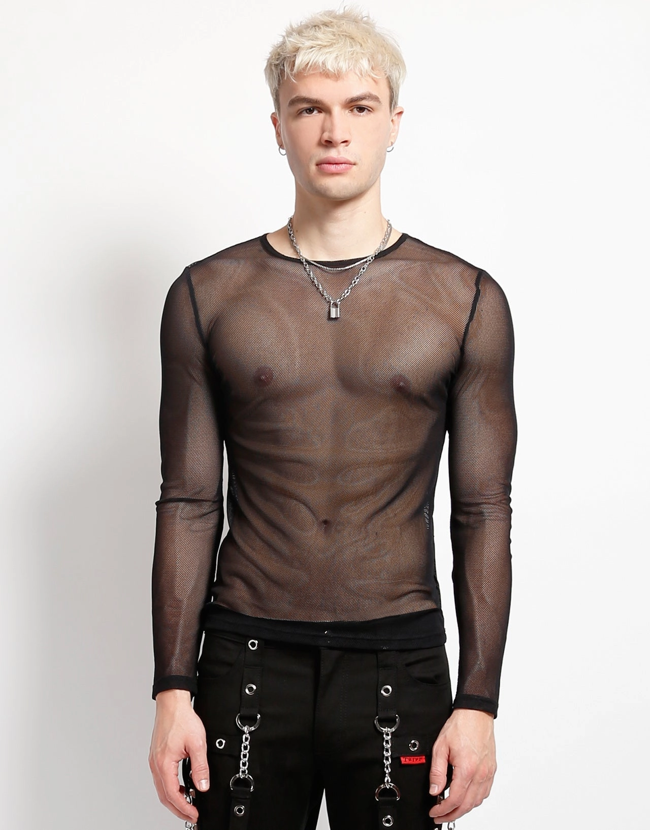 Tagless Neckline Design MENS LONG SLEEVE FISHNET BLACK