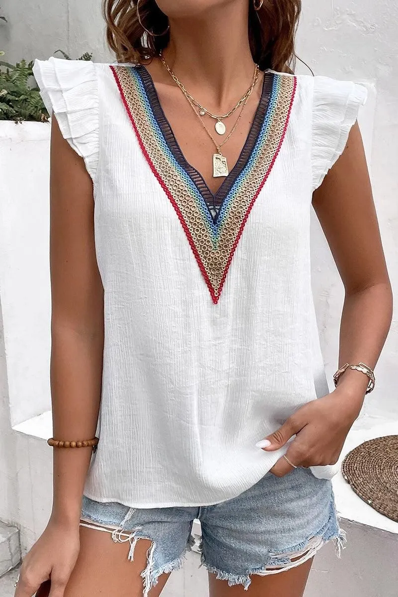 MULTICOLOR LACE V NECK RUFFLE SHORT SLEEVE TOP FrictionResistantEdges Stretchable Blend