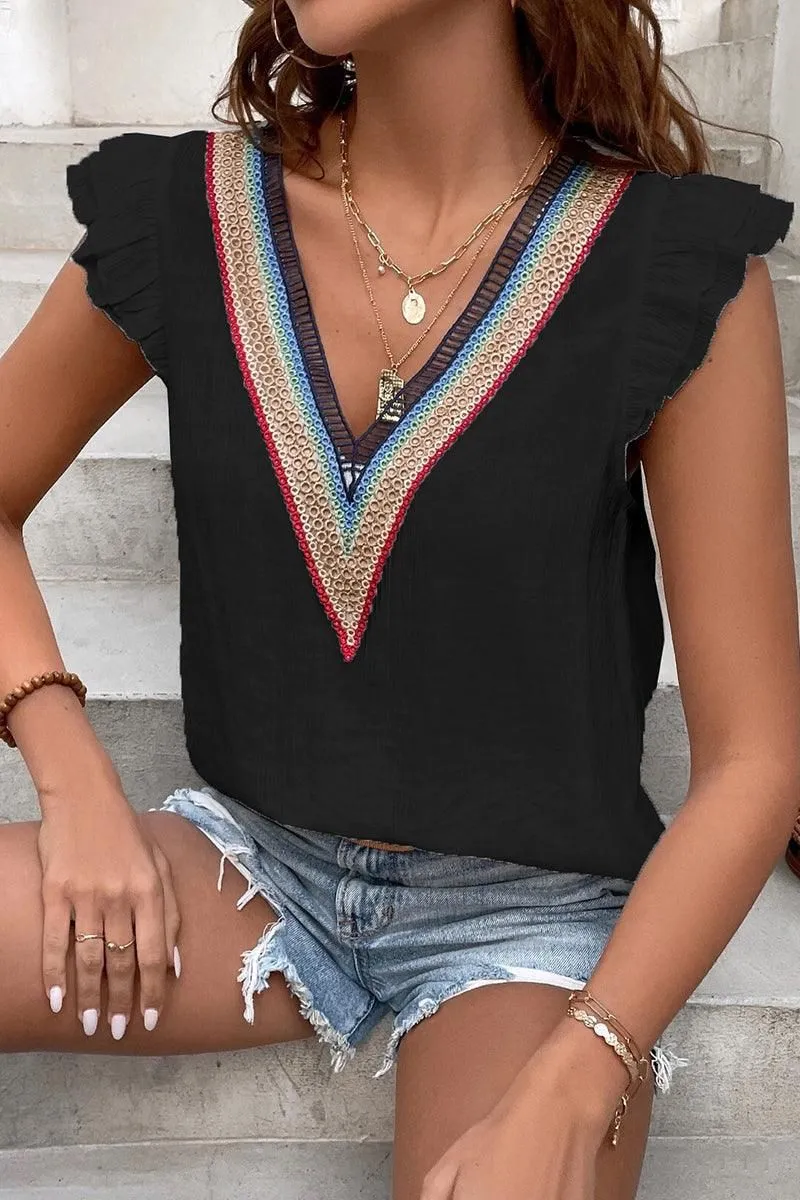 MULTICOLOR LACE V NECK RUFFLE SHORT SLEEVE TOP Chilly Day Comfort Comfy Wardrobe