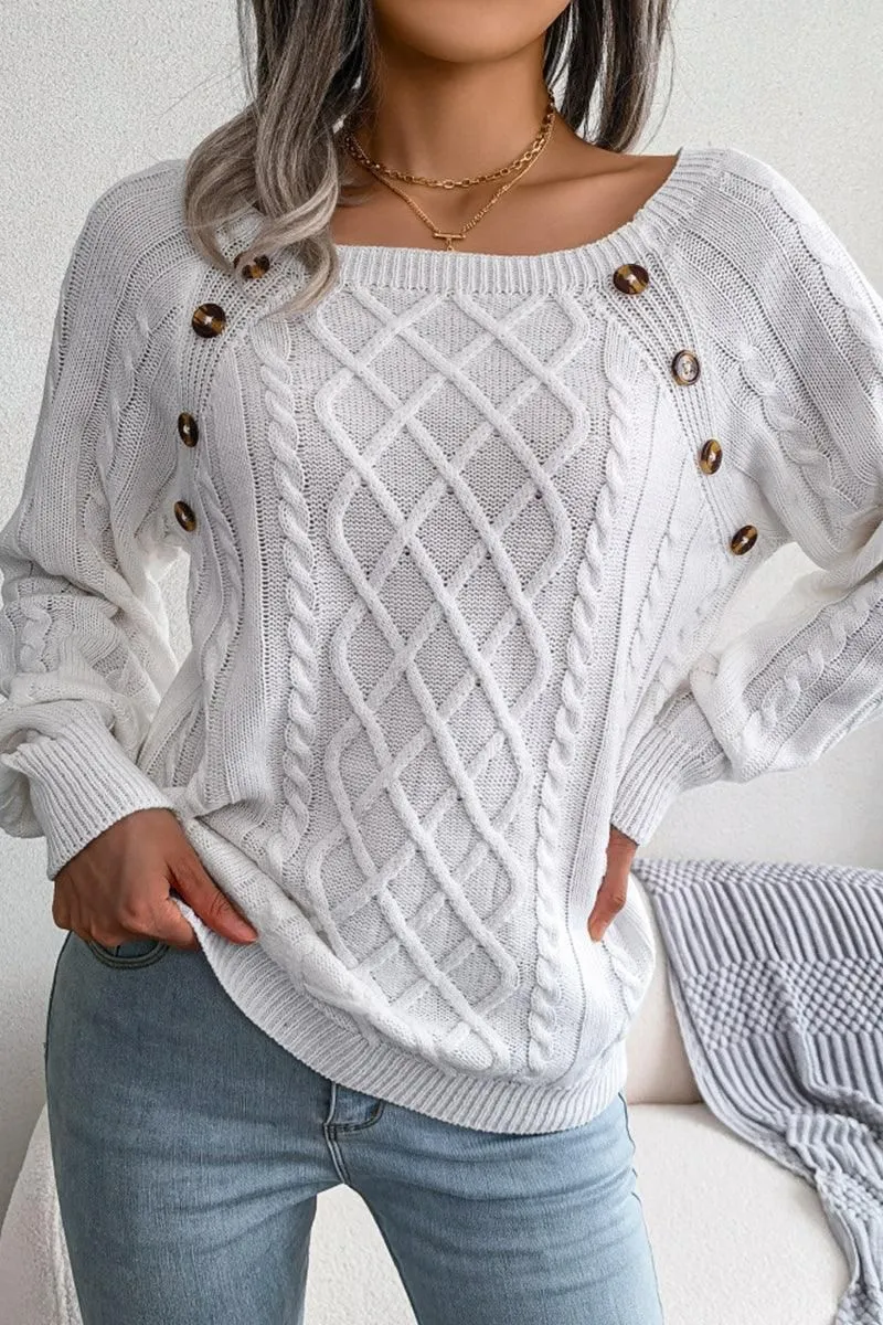 CABLE KNIT BUTTON DETAILED PULLOVER SWEATER Chilly Days Wear Effortless Comfort Wear