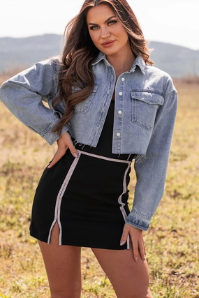 Cold Day HighCollar Design My Lucky Break Denim Crop Jacket (Blue)