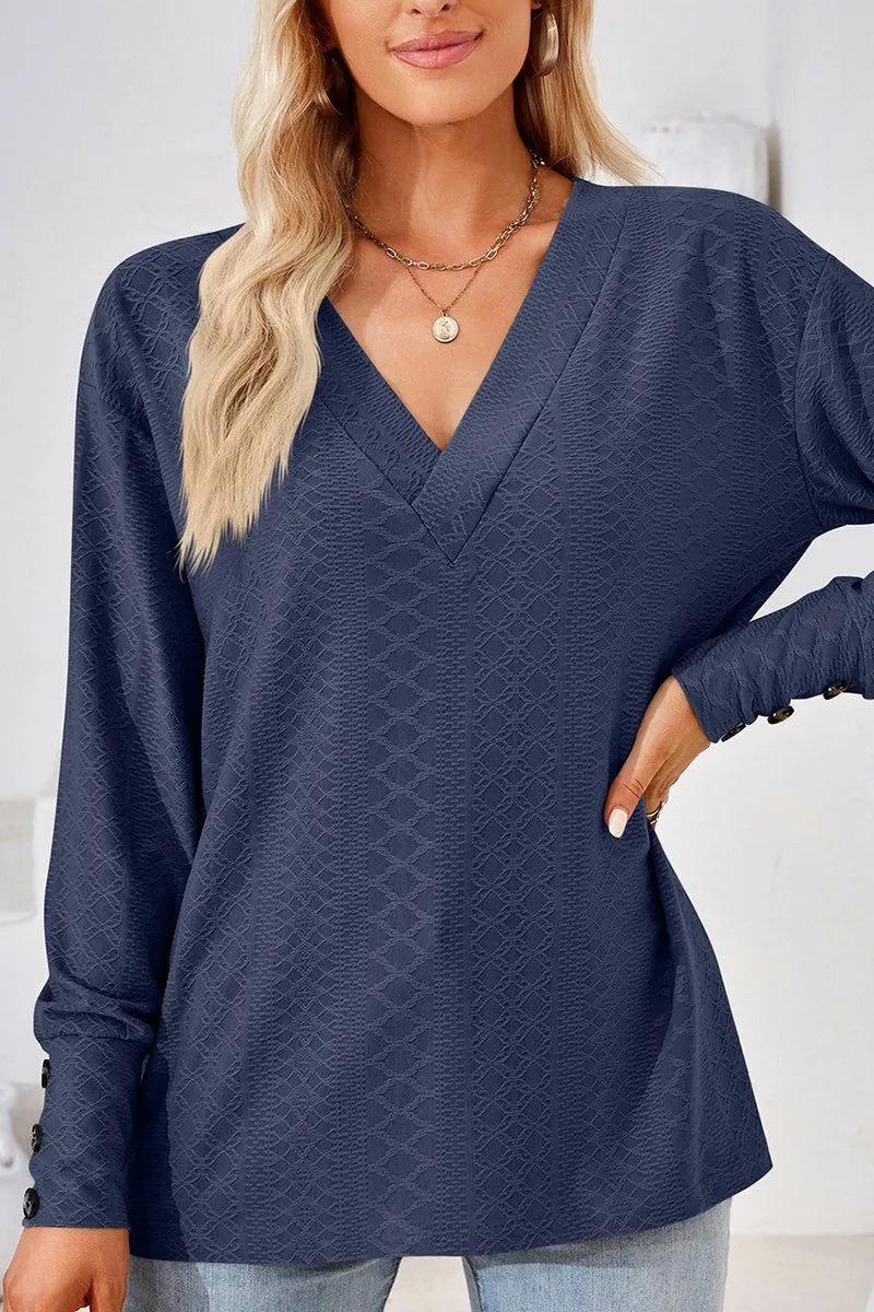 WOMEN V NECK BUTTONED CUFF LOOSE FIT BLOUSE AthleisureCompatible