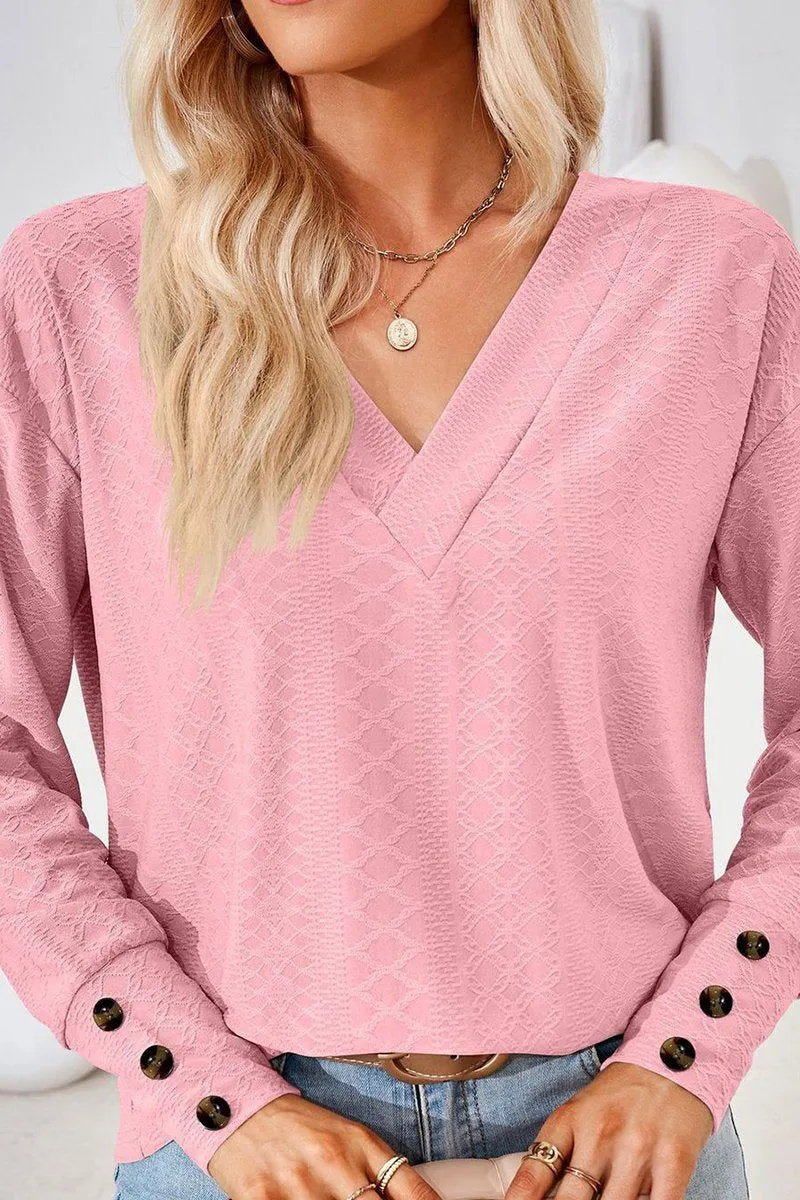 WOMEN V NECK BUTTONED CUFF LOOSE FIT BLOUSE Easy Care Fabric