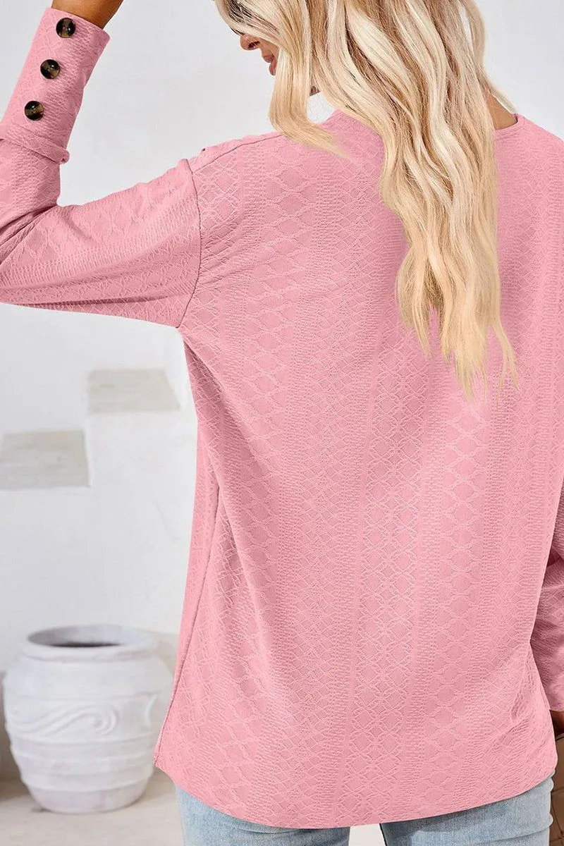 WOMEN V NECK BUTTONED CUFF LOOSE FIT BLOUSE Cozy Essentials Weekend Comfort Wear