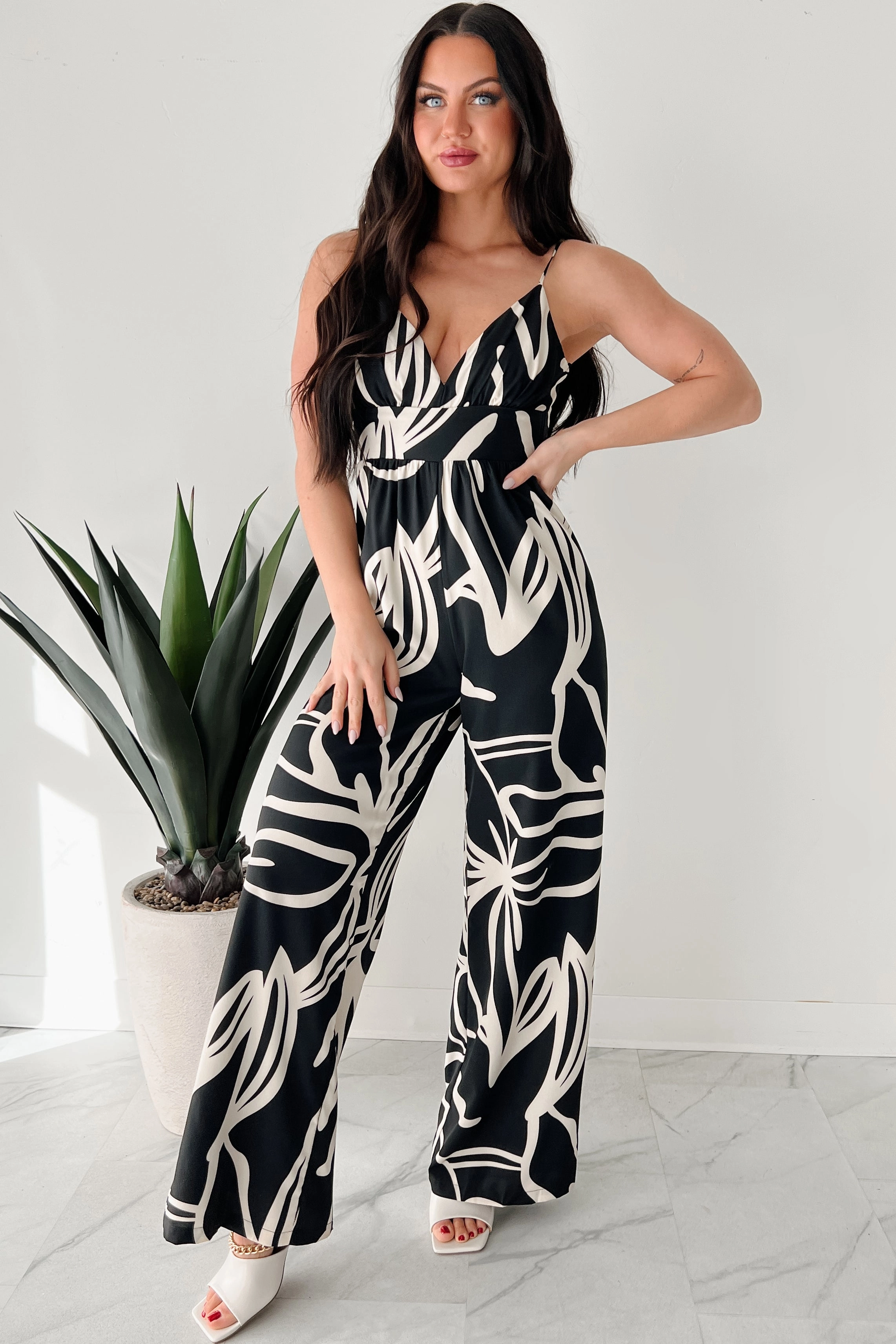 Born To Be Wild Printed Wide Leg Jumpsuit (Black/Ivory) Relax Loose Basic Lightweight