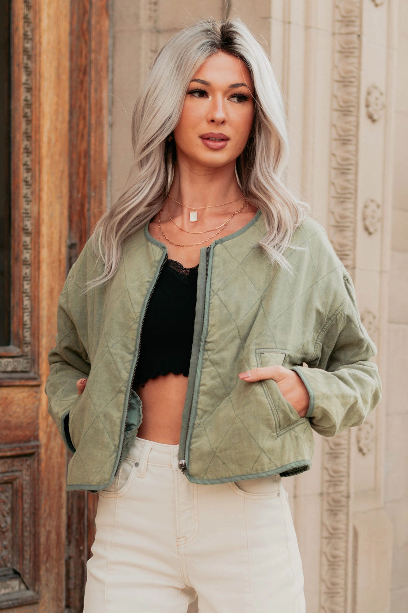 Natural Essence Quilted Zip-Up Jacket (Vintage Olive) Activewear Fall Weather